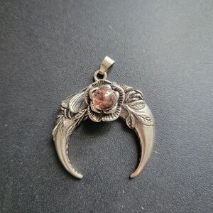 Silvertone Rose and Crescent Moon Pendent w/ Crystal Stone 1.5" diameter.